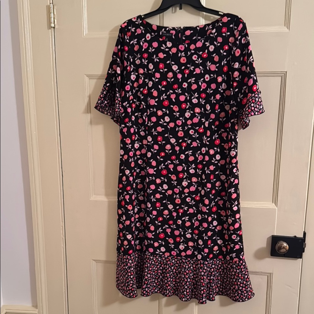 Talbots Black and Pink Peplum Midi Dress with Flutter Sleeves